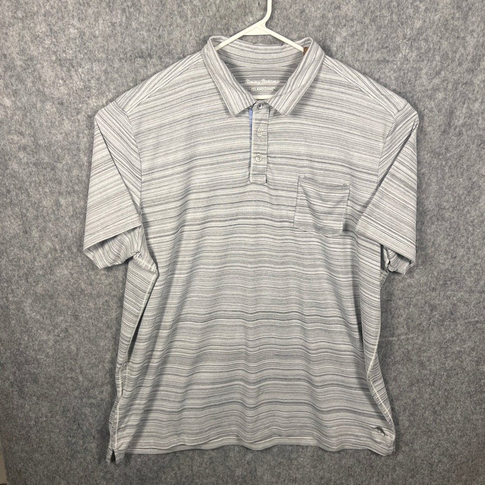 Tommy Bahama IslandZone Men's 3XLT Polo Shirt Grey Striped Tall Pocket Marlin